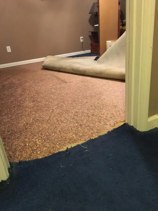 Carpet pad removal revealing water damage during Water Mitigation Services in Fort Gratiot